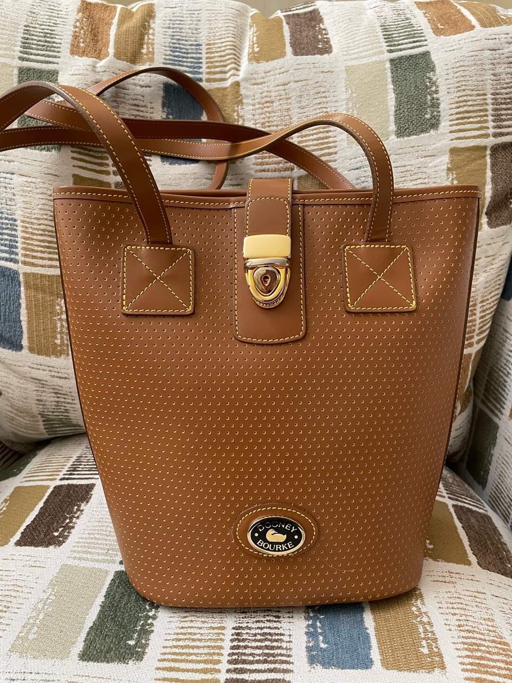 Rare Vintage Dooney & Bourke Camel Leather Perforated Bucket Tote